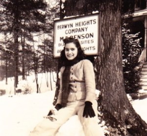 Benson relative poses in front of Benson home, 1940